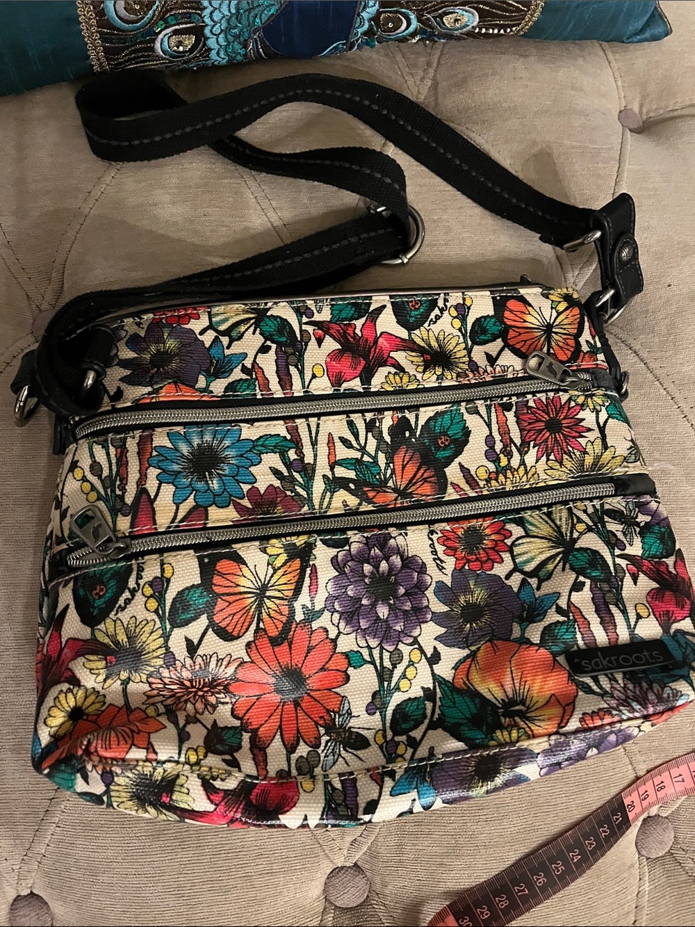 Sakroots Floral Multi-Color Crossbody Bag/ Purse with Black Strap